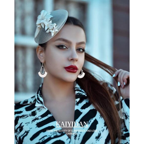 Silver Fan Dangle Boho Dangle Statement Vintage Dainty Earring for Women - Picture 3 of 9